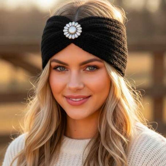 2/$21 Ladies Black Beaded Knitted Winter Headband - Picture 3 of 6